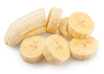 Peeled banana and banana slices isolated on white background. File contains clipping paths.