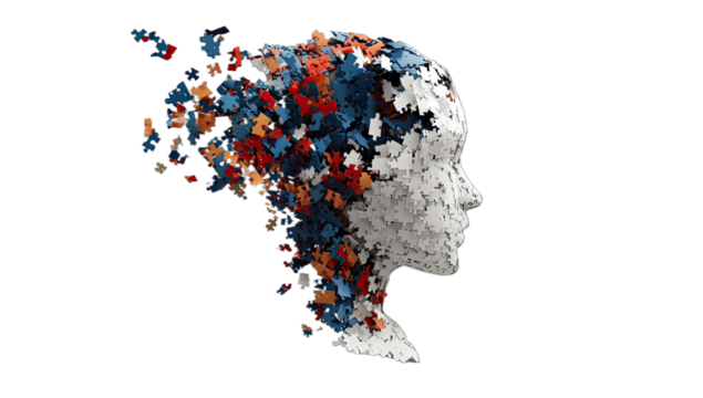 Silhouette head disintegrating into colorful jigsaw puzzle pieces, suggesting thought/mind