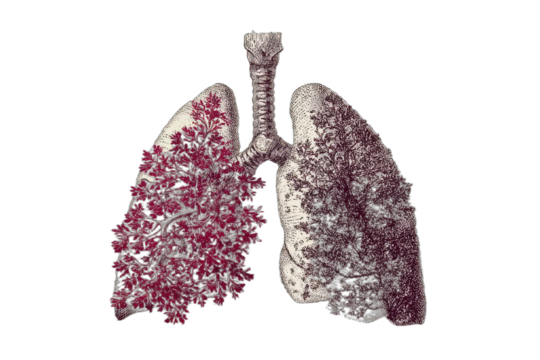 Medical illustration depicting lungs with a tree-like texture and artistic contrast on black