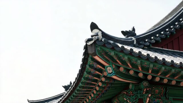 Detailed view of a traditional korean temple roof with ornate colorful dancheong patterns. Architectural close up of historic palace eaves showcasing ancient craftsmanship and design