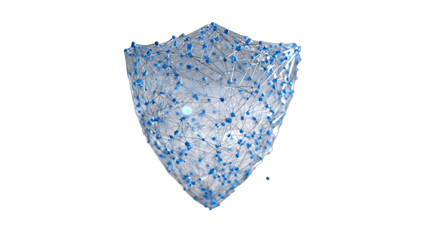 Digital shield with interconnected nodes and glowing center, abstract cybersecurity concept