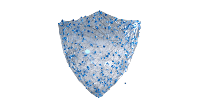 Digital shield with interconnected nodes and glowing center, abstract cybersecurity concept