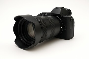 Modern digital camera rear three quarter view with large lens and tilting screen on white background for photography gear tech and product mockup themes