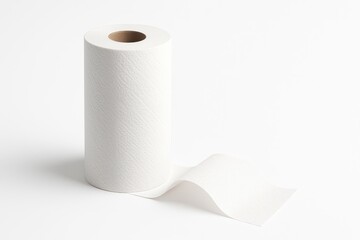 Paper towel roll standing upright on white background single sheet partially unrolled curling around base in gentle s curve for cleaning product themes