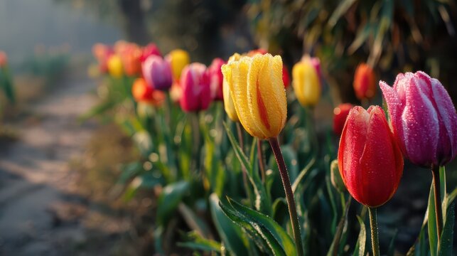 Vibrant tulips in a neat line across a flower bed