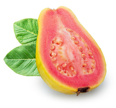Ripe yellow skin guava cross section with pink flesh on white background. File contains clipping paths.