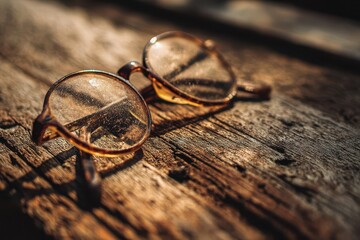 Vintage eyeglasses on weathered wood with warm lighting