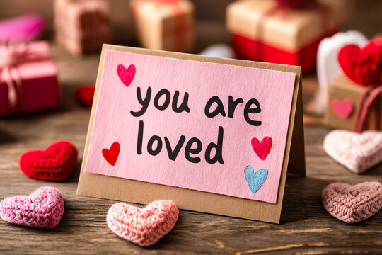 Handwritten card reading you are loved surrounded by colorful gifts and hearts Generative AI