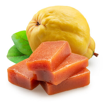 Quince paste cubes and apple quince fruit on white background. File contains clipping paths.