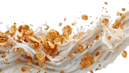 Crunchy flakes swirl through splashing milk, creating a dynamic breakfast scene