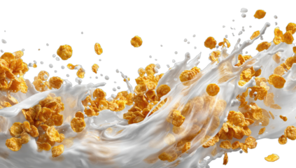 Breakfast cereal and milk splash, corn flakes falling into a creamy white liquid