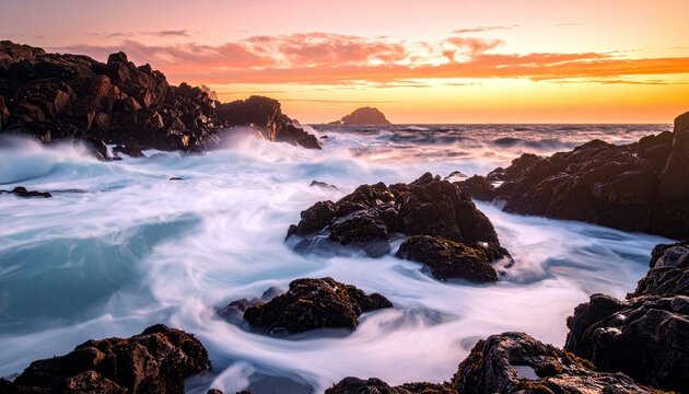 Ocean waves surge and foam around dark, jagged rocks under a vibrant sunset sky. - Powered by Adobe