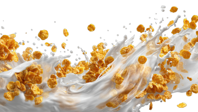 Breakfast cereal and milk splash, corn flakes falling into a creamy white liquid