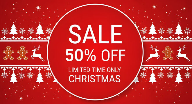 Christmas Sale 50% Off Limited Time Only with Festive Red Background and Ornaments 50 percent off