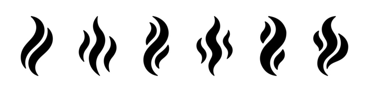 Set of solid black icons representing abstract smoke or steam plumes, ideal for warmth and aroma concepts.
