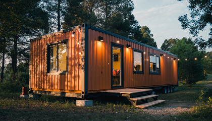Modern shipping container home with warm exterior lighting in a forest setting
