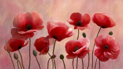 Vibrant red poppy flowers with delicate petals and green stems blooming gracefully against a soft pastel pink and peach background for floral art