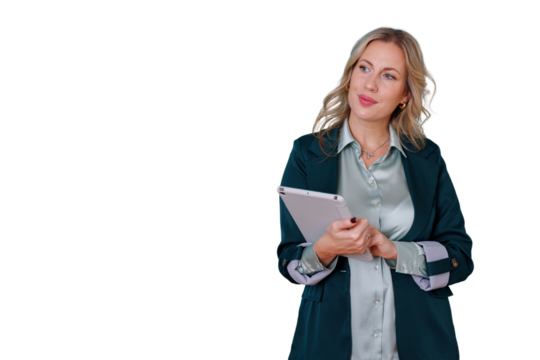 Businesswoman holding tablet and thinking, contemplating ideas for business goals, transparent background