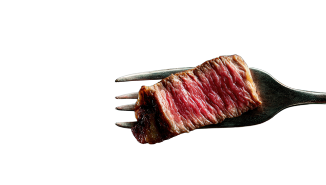 A perfectly cooked, medium-rare steak slice held by a silver fork against a deep dark background