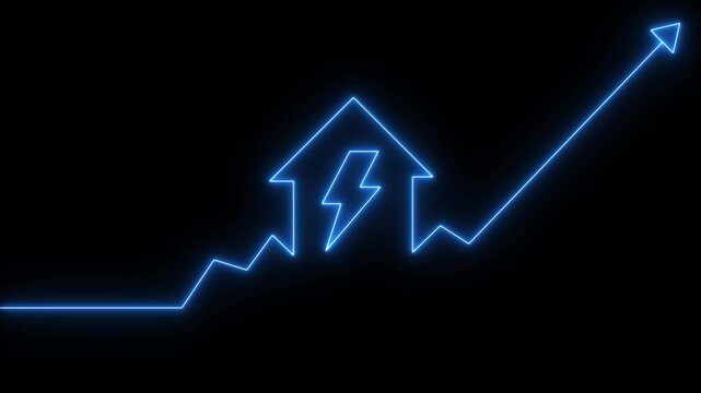 Home icon house sign neon lights animation with up arrow battery charging power icon. Neon House, home building animation. Neon home business graph icon animation. 4k video
