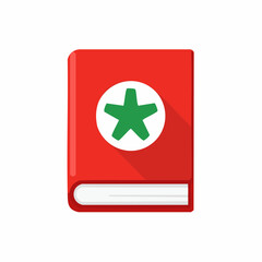 Obraz premium Vibrant red book icon with a green star in a white circle on its cover flat design illustration