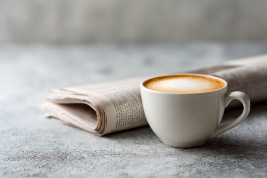 Freshly brewed cappuccino with frothy milk layer next to a folded newspaper on a textured gray surface for a cozy morning routine scene - Powered by Adobe