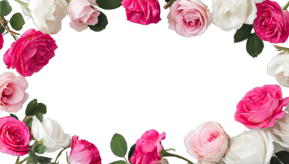 Frame of vibrant pink and soft white roses with green leaves on a black background
