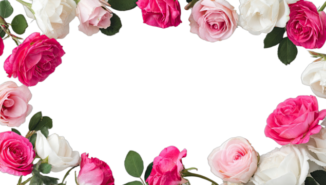 Frame of vibrant pink and soft white roses with green leaves on a black background