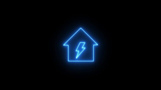 Glowing neon line home with lightning bolt symbolizing home power and energy concept. Electric house neon sign. Sustainable energy idea concept. Charging icon and power icon animation. 4k