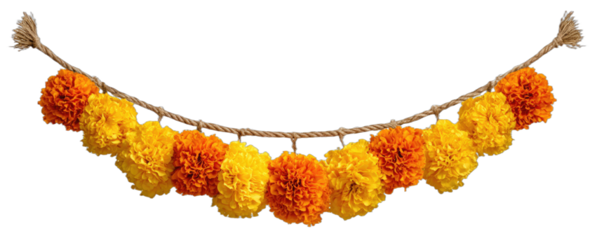 Festive garland with vibrant orange and yellow marigold flowers on a rope