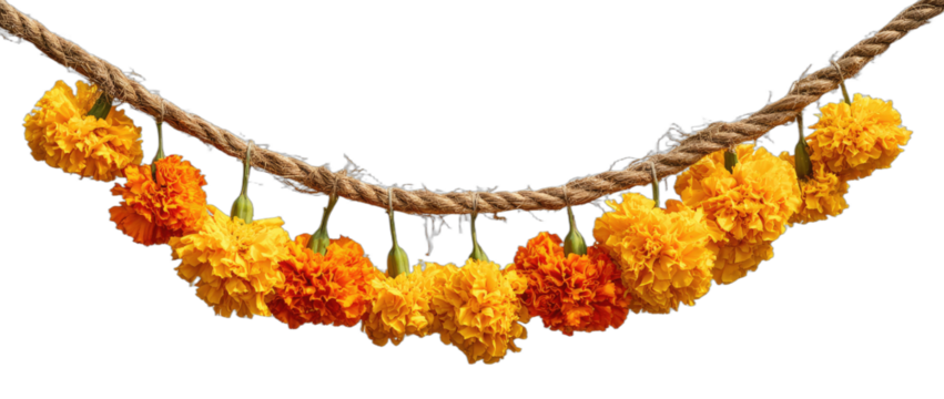 Vibrant orange and yellow marigold flowers strung on a rustic rope against black - Powered by Adobe