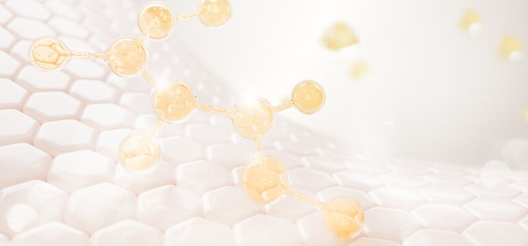 3d skin cells with hexagon pattern and biomimetic molecule. Liquid cosmetic formula with bubbles. Gold collagen peptide serum, retinol gel cream, hyaluron moisture skincare product. 3D illustration