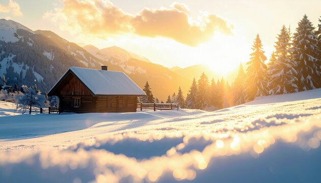 A rustic wooden cabin sits peacefully in a snow-covered alpine meadow, bathed in the warm glow of a rising sun.