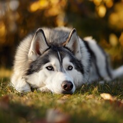 Obraz premium Siberian Husky Resting on Grass in Autumn Light
