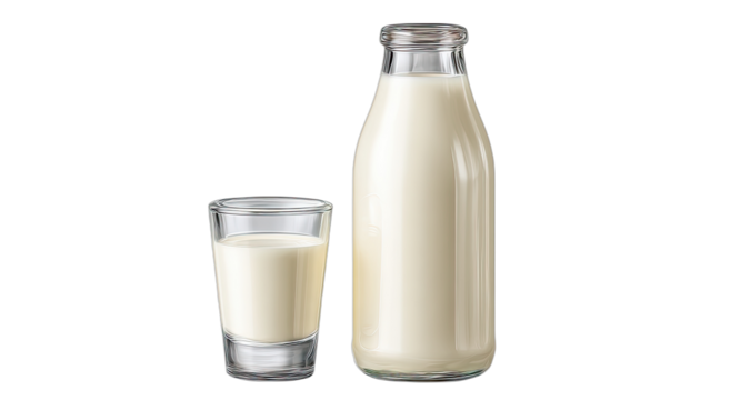 Glass and bottle filled with white milk, isolated on a clean black background - Powered by Adobe