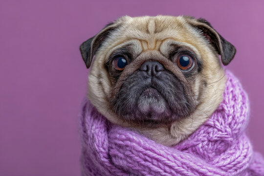 Adorable pug dog wrapped in cozy purple knitted scarf looking directly at the camera with soft pink background showcasing warmth and cuteness