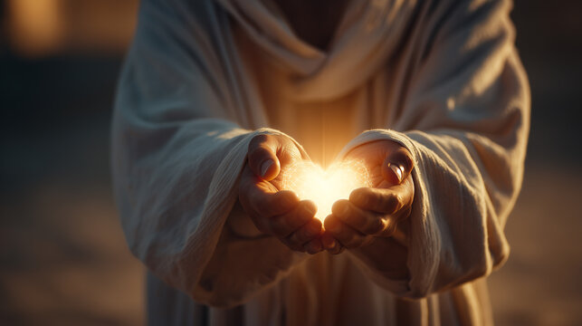 Jesus holding glowing sacred heart in warm divine light, symbolizes love, compassion, and divine light