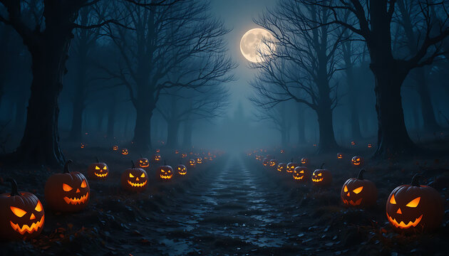 . “Spooky Halloween night with glowing jack-o'-lanterns, foggy forest path, full moon, cinematic lighting, ultra-detailed, 4K.” - Powered by Adobe