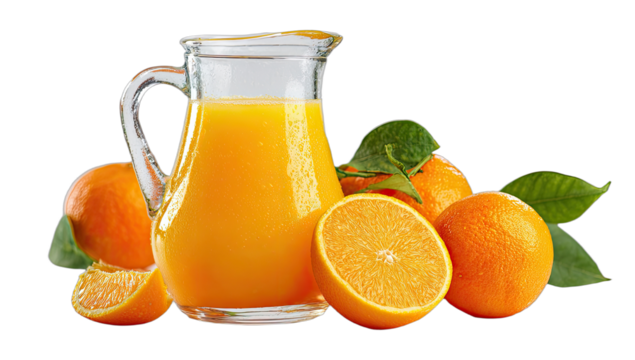 Glass pitcher of fresh orange juice with whole and cut oranges and green leaves