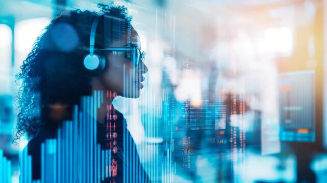 Concentrated individual with headphones and spectacles immersed in advanced holographic data display, symbolizing innovation and tech integration