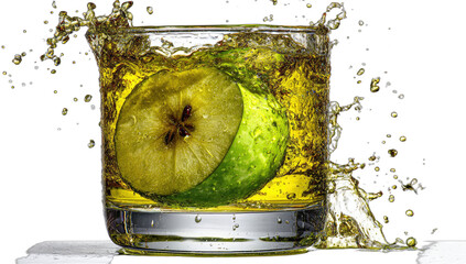 Green apple half splashes into a glass of amber liquid, creating a dynamic splash