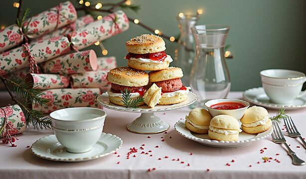 Festive christmas tea setting with scones and decorative crackers - Powered by Adobe