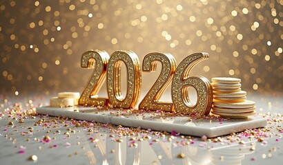 Golden 2026 numerals with sparkling confetti and stacked coins for new year celebration