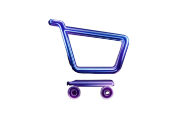 Vibrant blue and purple neon shopping cart icon on a dark background
