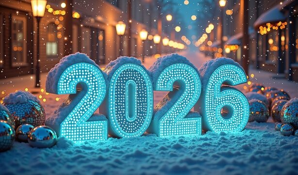 2026 winter street scene with illuminated 2026 sign and snowfall at night