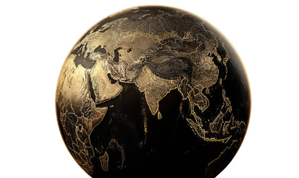 Stylized dark globe with glowing golden continents against a deep black background