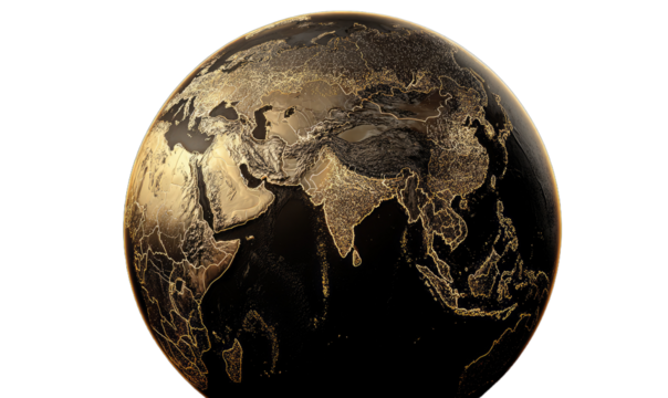 Stylized dark globe with glowing golden continents against a deep black background