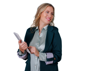 Professional businesswoman smiling, holding tablet and looking away on transparent background, thinking about future success