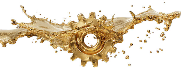 Golden gear wheel at the center of a dynamic golden liquid splash on black background