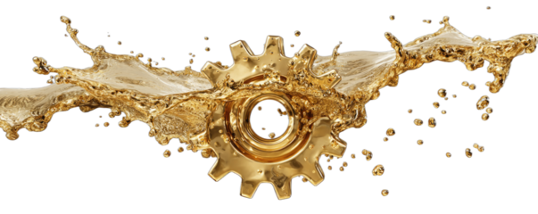 Golden gear wheel at the center of a dynamic golden liquid splash on black background